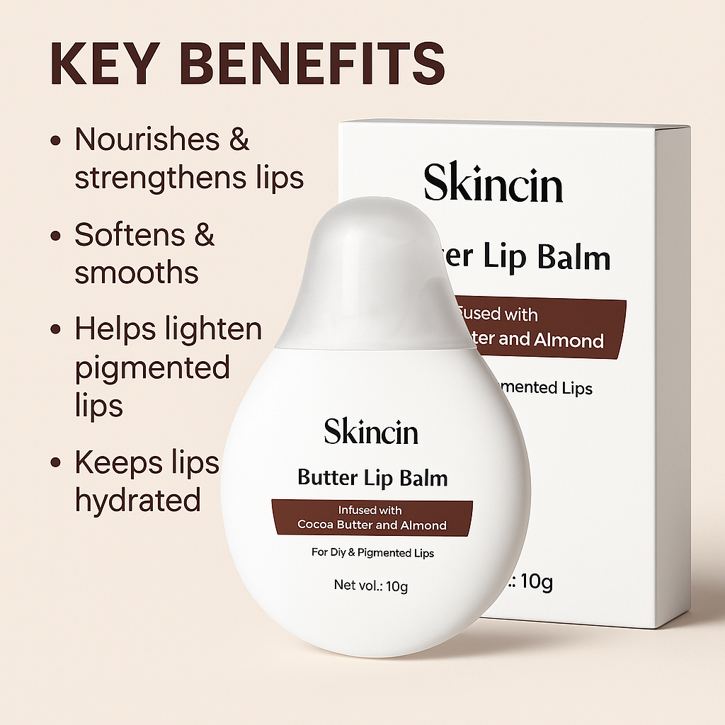 Skincin Butter Lip Balm with Cocoa Butter & Almond | Deep Moisturizing Lip Care for Dry & Pigmented Lips | Nourishing, Non-Sticky, Daily Use Lip Balm (10g)